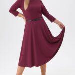 Bordowa sukienka rozkloszowana midi plus size, elegancka sukienka duży rozmiar 44-52 dla puszystej kobiety