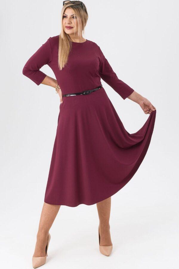 Bordowa sukienka rozkloszowana midi plus size, elegancka sukienka duży rozmiar 44-52 dla puszystej kobiety