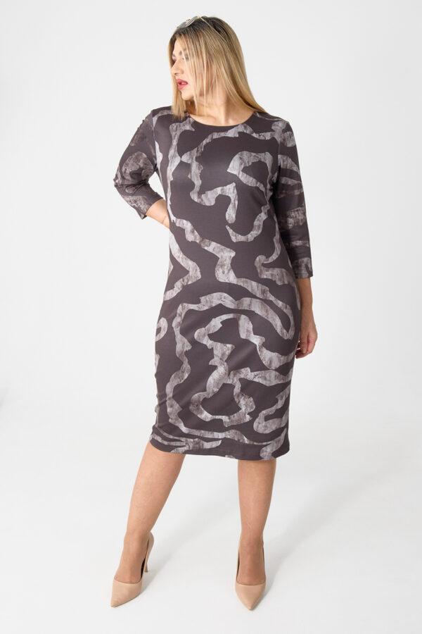 Brązowo-beżowa sukienka ołówkowa plus size we wzory 44-52