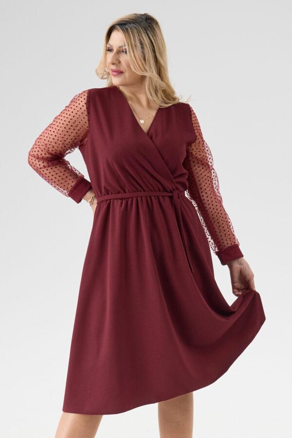 Elegancka sukienka z kopertowym dekoltem bordowa