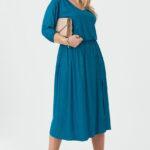 Morska brokatowa sukienka plus size długa z rozcięciem 44–52