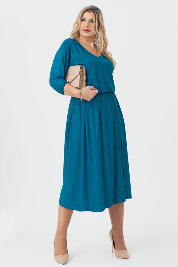 Morska brokatowa sukienka plus size długa z rozcięciem 44–52
