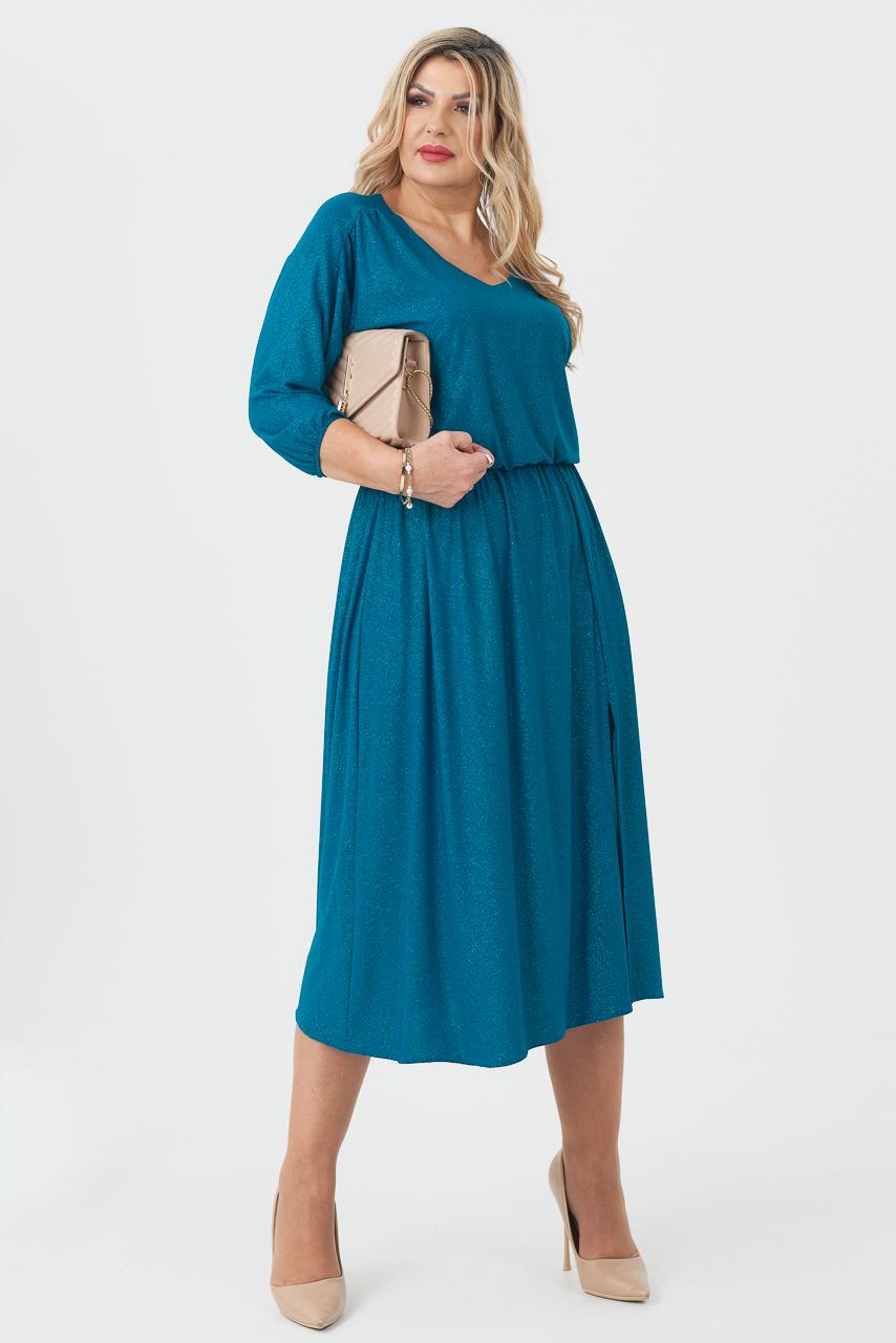 Morska brokatowa sukienka plus size długa z rozcięciem 44–52