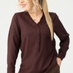 Bluzka z falbanką na dekolcie brązowa