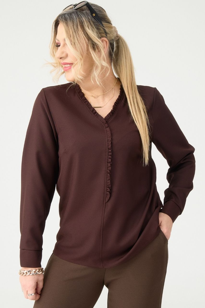 Bluzka z falbanką na dekolcie brązowa