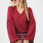 Elegancka bluzka z bufiastymi rękawami PLUS SIZE bordowa 44-52