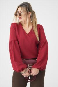 Elegancka bluzka z bufiastymi rękawami PLUS SIZE bordowa 44-52