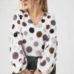Elegancka bluzka z bufiastymi rękawami PLUS SIZE w groszki 44-52