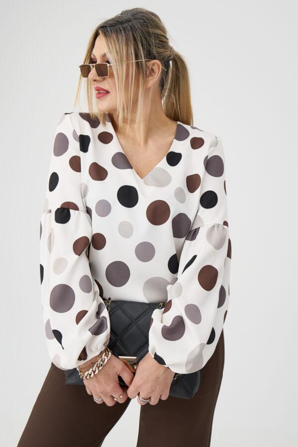 Elegancka bluzka z bufiastymi rękawami PLUS SIZE w groszki 44-52
