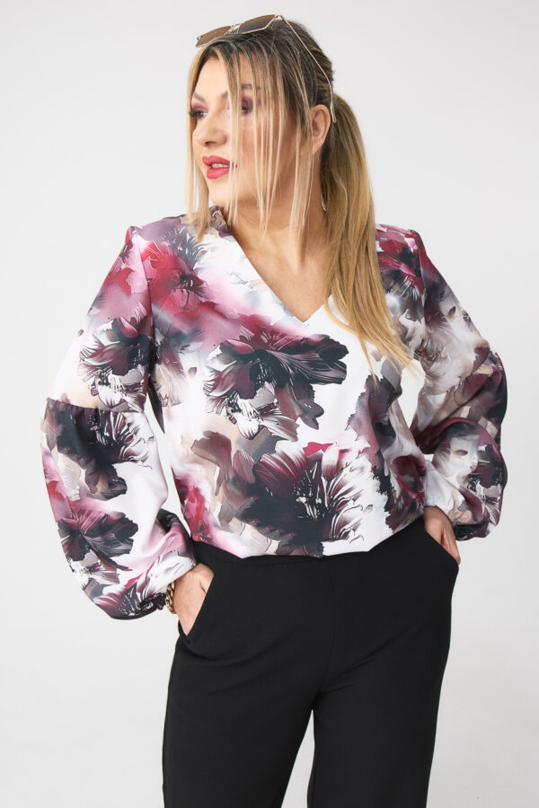 Elegancka bluzka z bufiastymi rękawami PLUS SIZE w kwiaty 44-52
