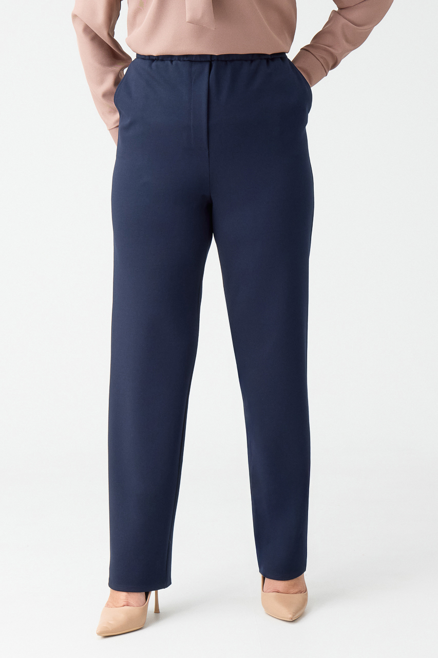 Eleganckie spodnie damskie plus size granatowe z gumką w pasie 44-54