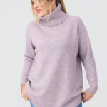 Golf damski plus size ciepły sweter pudrowy róż 44-50