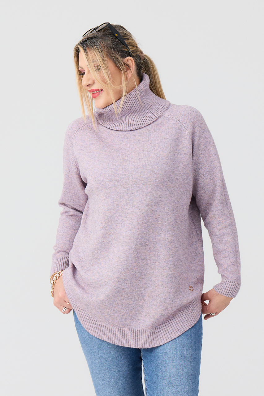 Golf damski plus size ciepły sweter pudrowy róż 44-50
