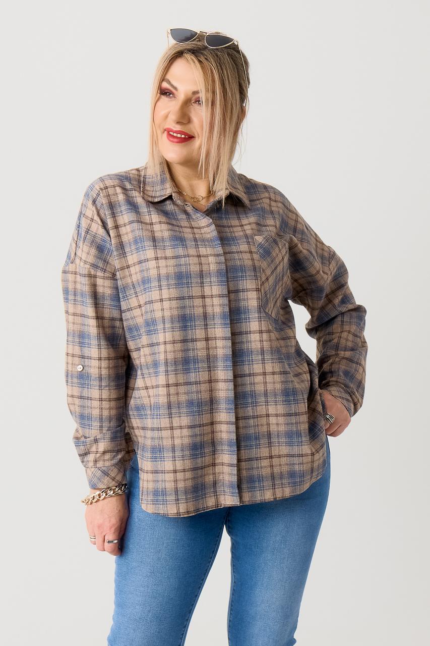 Koszula w kratę damska duże rozmiary beżowo-niebieska 42-50