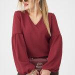 Elegancka bluzka z bufiastymi rękawami PLUS SIZE bordowa 44-52