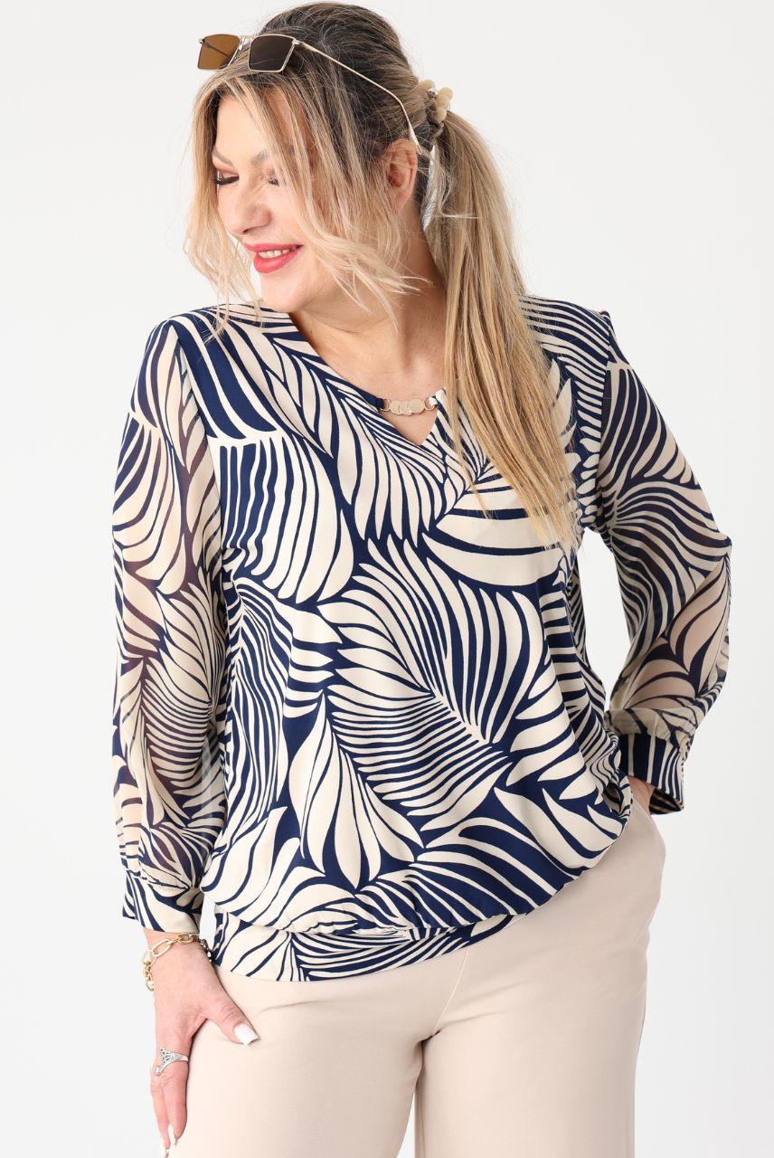 Beżowo-granatowa bluzka z szyfonowym rękawem