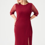 bordowa sukienka z rozcięciem PLUS SIZE 44-54