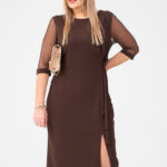 Brązowa sukienka z rozcięciem PLUS SIZE 44-54
