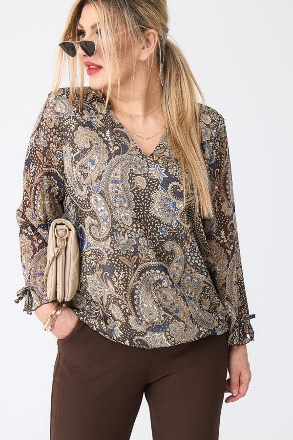 Brązowo-beżowa elegancka bluzka szyfonowa plus size 44-52