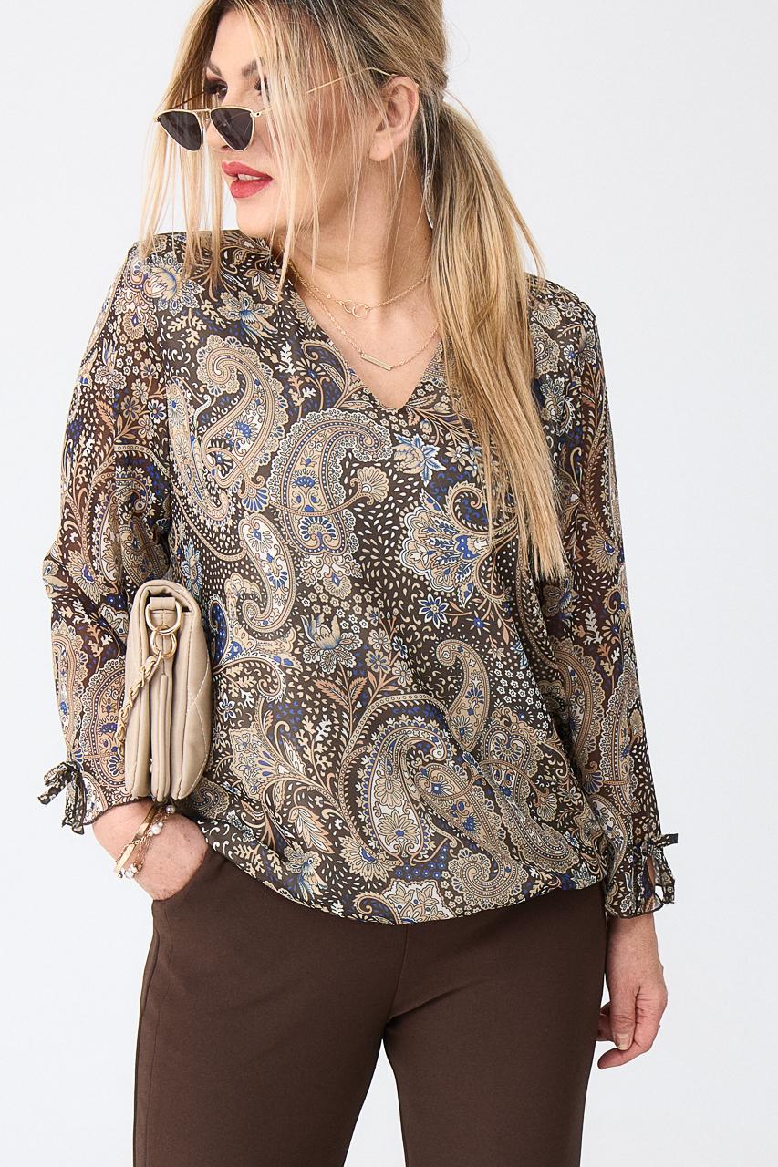Brązowo-beżowa elegancka bluzka szyfonowa plus size 44-52