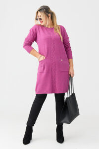 Sweter tunika dla puszystych z kieszeniami amarantowy 44-50