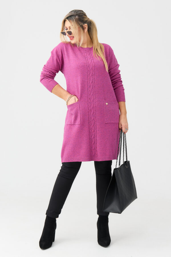 Sweter tunika dla puszystych z kieszeniami amarantowy 44-50