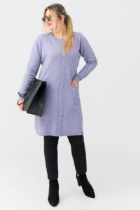 Sweter tunika dla puszystych z kieszeniami lawendowy 44-50