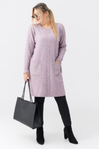 Sweter tunika dla puszystych z kieszeniami pudrowy róż 44-50