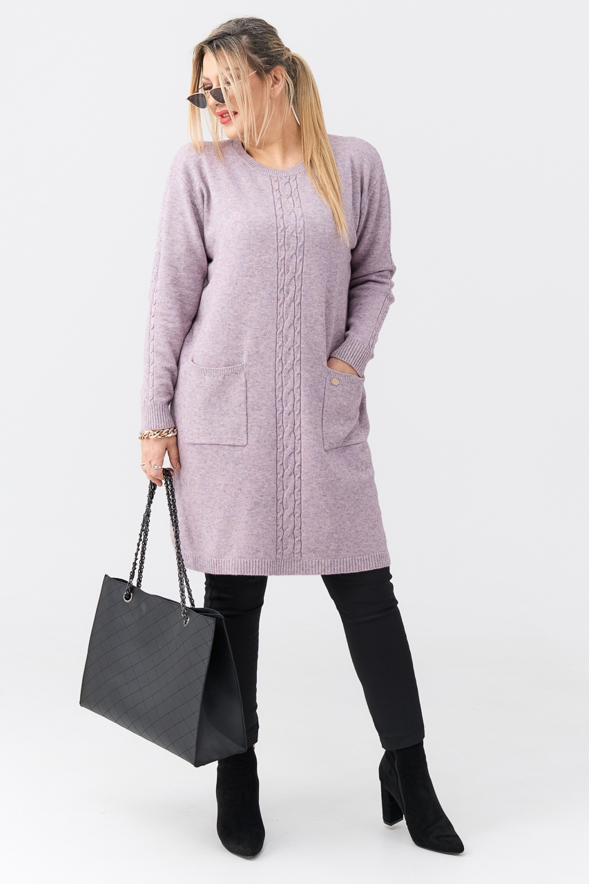 Sweter tunika dla puszystych z kieszeniami pudrowy róż 44-50