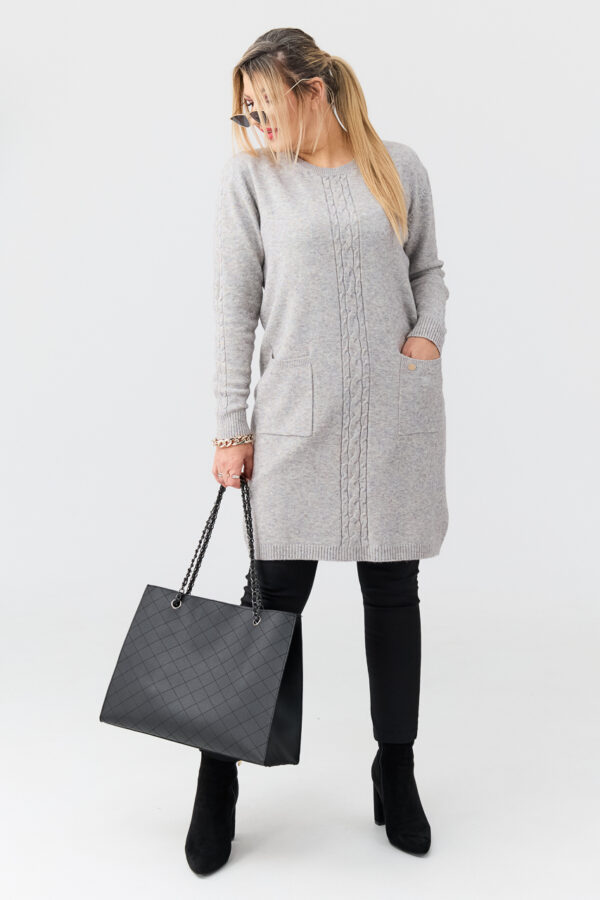 Sweter tunika dla puszystych z kieszeniami szary 44-50