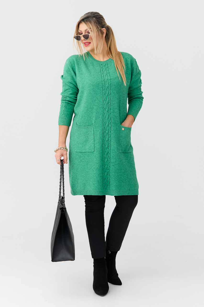 Sweter tunika dla puszystych z kieszeniami zielony 44-50