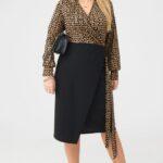 Sukienka wizytowa kopertowa XXL czarno-beżowa – moda dla puszystych kobiet
