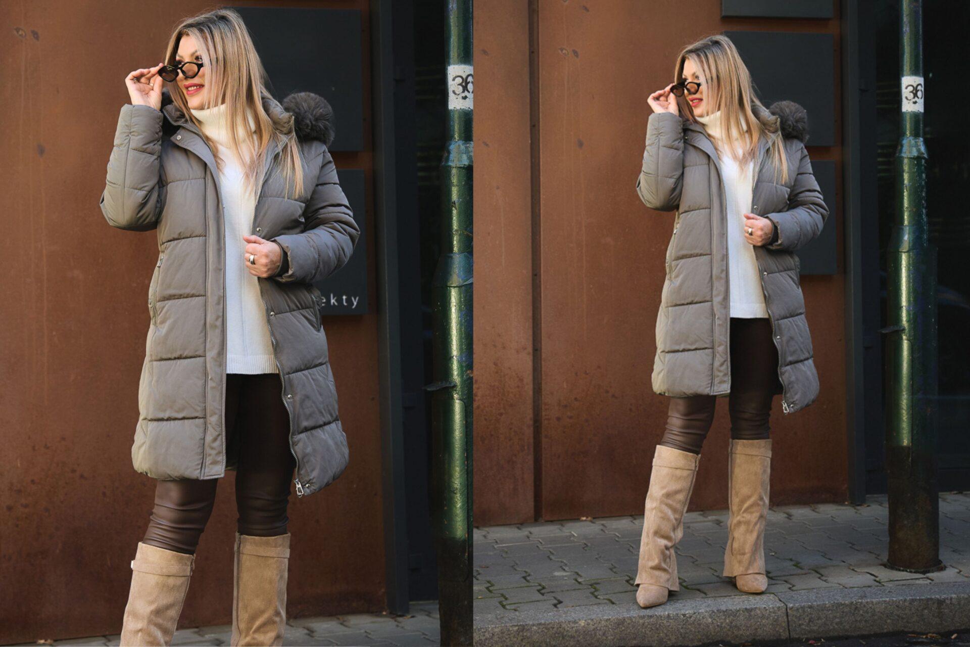 długa kurtka zimowa damska plus size oliwkowa