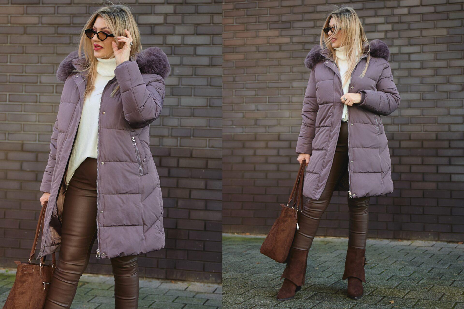 płaszcz zimowy plus size we wrzosowym kolorze