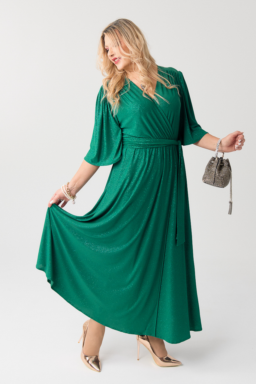 Błyszcząca wieczorowa sukienka plus size maxi zielona 44-52