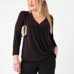 Elegancka bluzka damska plus size z połyskiem bordowo-czarna 42-52