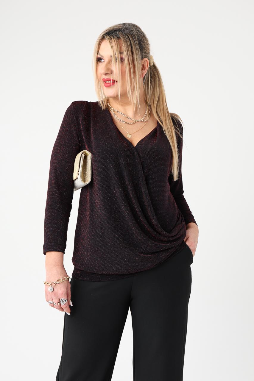 Elegancka bluzka damska plus size z połyskiem bordowo-czarna 42-52