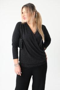 Elegancka bluzka damska plus size z połyskiem srebrno-czarna 42-52