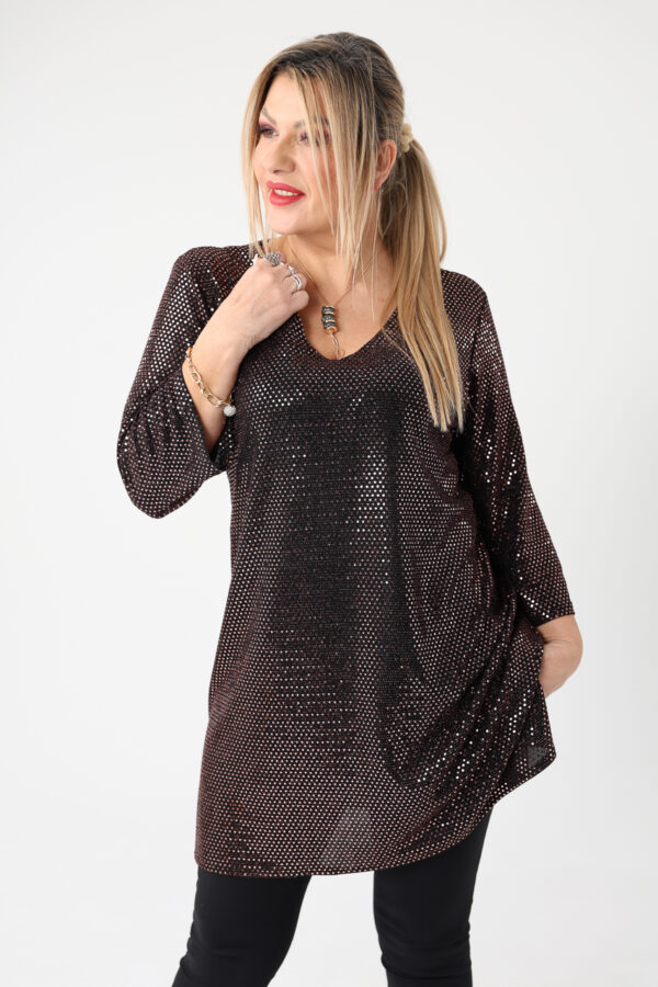 Elegancka tunika cekinowa plus size błyszcząca brązowa 44-52