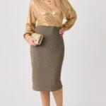 Elegancka złota sukienka kopertowa midi plus size 42-52