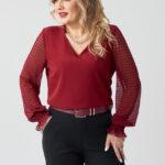 Bordowa elegancka bluzka damska duże rozmiary z siateczkowym rękawem 44-52