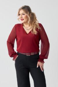 Bordowa elegancka bluzka damska duże rozmiary z siateczkowym rękawem 44-52