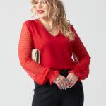 Czerwona elegancka bluzka damska duże rozmiary z siateczkowym rękawem 44-52