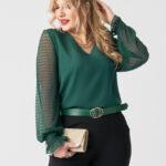 Zielona elegancka bluzka damska duże rozmiary z siateczkowym rękawem 44-52