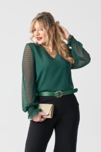 Zielona elegancka bluzka damska duże rozmiary z siateczkowym rękawem 44-52