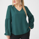 Elegancka bluzka z bufiastymi rękawami PLUS SIZE zielona 44-52