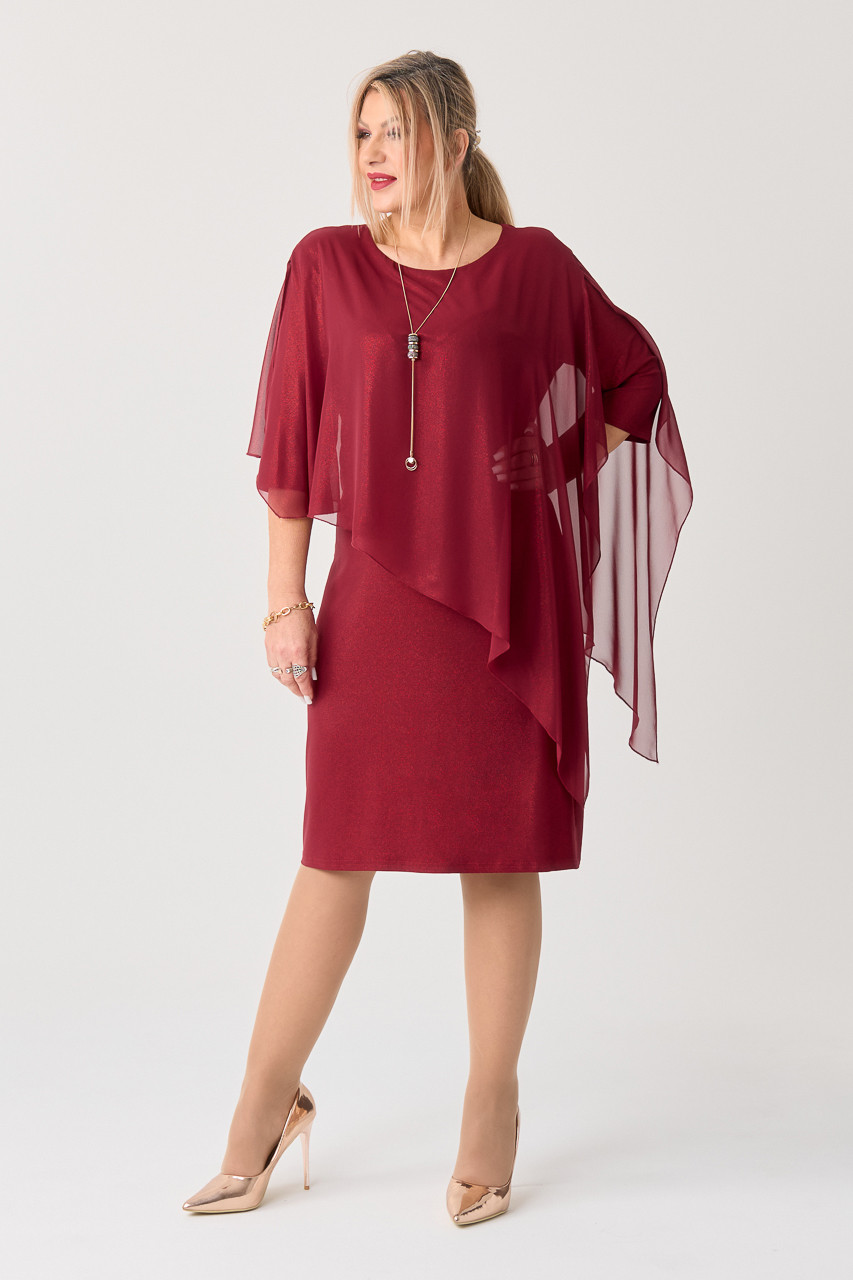 Sukienka połyskująca PLUS SIZE z szyfonową narzutką bordowa 44-52