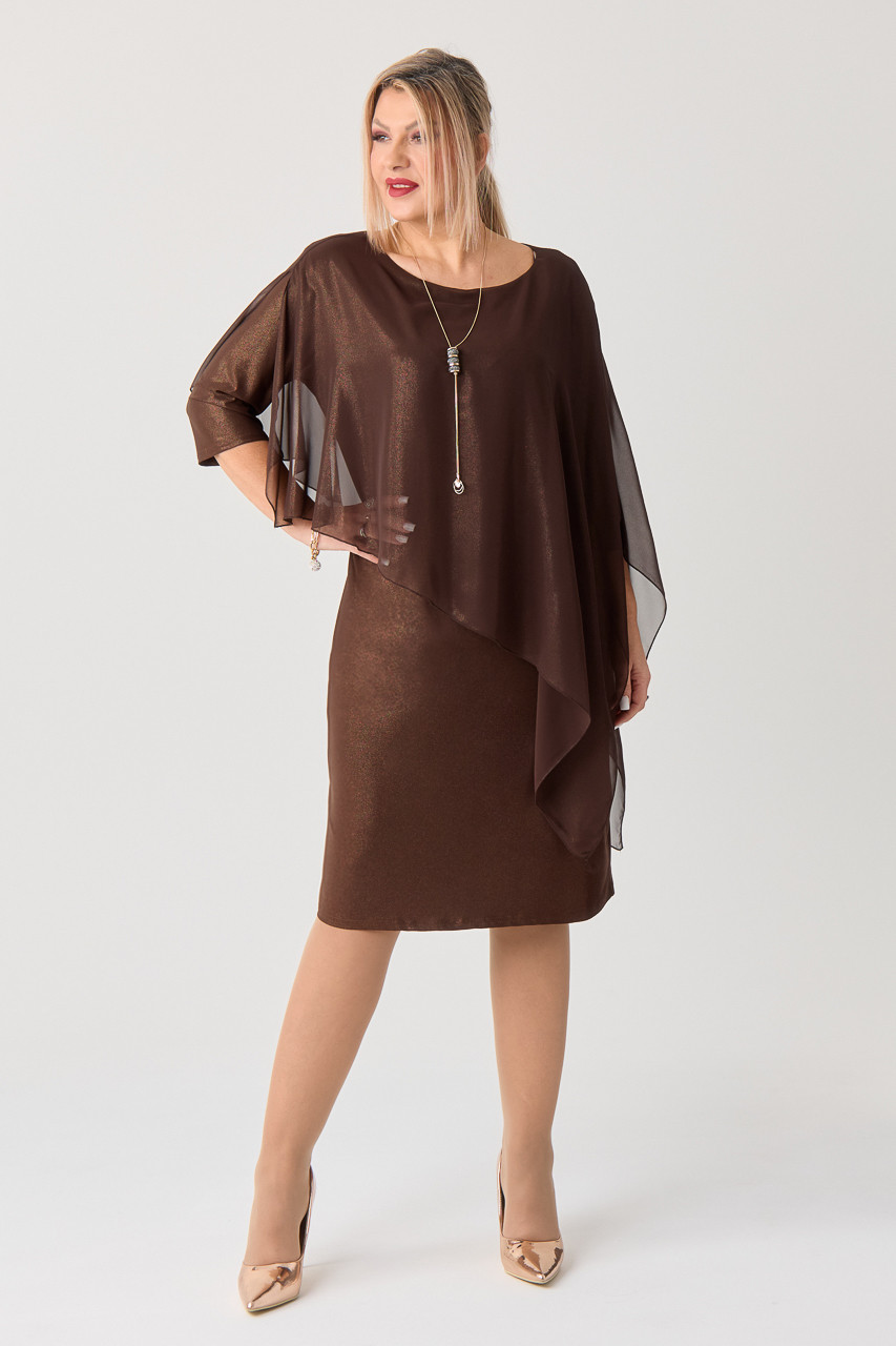 Sukienka połyskująca PLUS SIZE z szyfonową narzutką brązowa 44-52