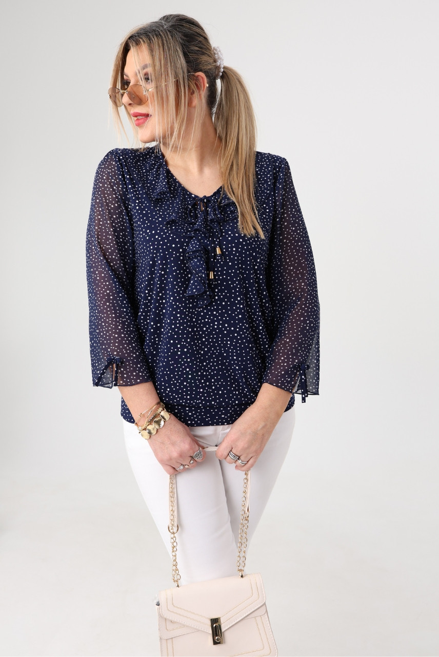 Bluzka damska z żabotem granatowa w groszki