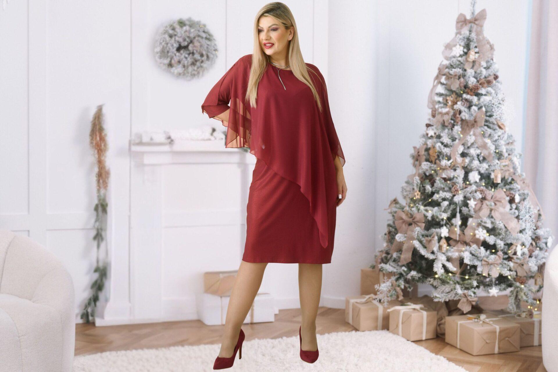 Sukienka połyskująca PLUS SIZE z szyfonową narzutką bordowa 